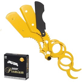 Universal Replaceable Half Blade Straight Razor with 100 Blades, Professional Double Ring Barber Single Edge Shave Razor (Yellow)