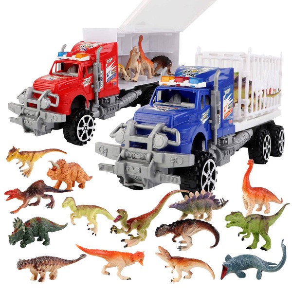SmartYeen 2-Pack Dinosaur Truck Carriers with 14pcs Dinosaur Toys and Play Mat,Dinosaurs car playset Toys for 3-12 Years Old Boys Girls Kids