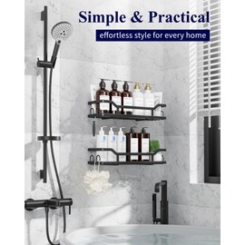 Kitsure Shower Caddy - 2 Pack, No Drilling Shower Organizer with 8 Hooks, Rustproof Stainless Steel Shower Shelf for Inside Shower, Wall Mounted Shower Rack for Bathroom, Kitchen, Black