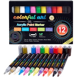 Colorful Art Co. Acrylic Paint Pens – 12 Pack of Permanent, Waterproof Markers w/ Reversible Brush Tips for Kids and Adults for Rocks, Wood, Glass, Fabric & Stone – Art Supplies