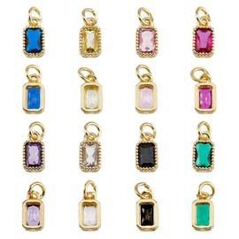 Hobbspring 16Pcs Micro Pave Cubic Zirconia Charms 8 Colors Rectangle Birthstone Pendants Real 18K Gold Plated Charms with Jump Ring for Jewelry Necklace and Earrings Making