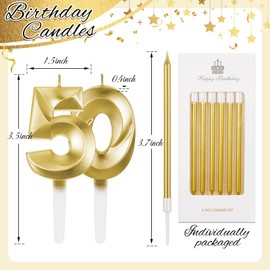 Mtlee Birthday Candles Set for Cakes Including 6 Long Thin Metallic Birthday Candles and Number Birthday Candles for Anniversary Celebration Party Topper Decorations Men Women (Gold,50)