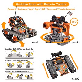 AoHu 3-in-1 STEM Remote Control Building Kits Toys for Kids - 392 Pieces DIY Engineering Science Educational Blocks Kit, RC Racer Tracked Car/Robot/Tank Gift Set for Boys and Girls Aged 8-12