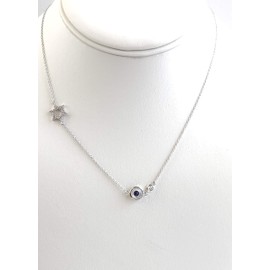 LaTisoro Sterling Silver Blue or Red Evil Eye Protection & Cubic Zirconia Star of David Necklace, Men Women (Blue)