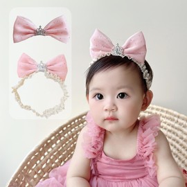 Rannyrena Lace Crown Hair Bow for Baby Girls Soft Tulle Elastic Headband Baby Shower Birthday Party Crown Hair Accessories for Newborn Infant Toddlers (Pink A, Adjustable)