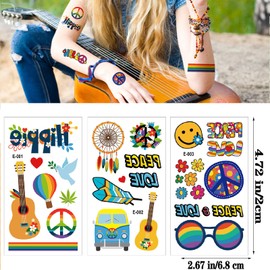 10 Sheets Hippie Tattoos Stickers for Boy Girls 70s Temporary Tattoos, 100PCS Hippie Tattoo Sticker Birthday Party Decorations Hand Tattoo for Kids Boy Girl Adult Pretty Birthday Party Gift