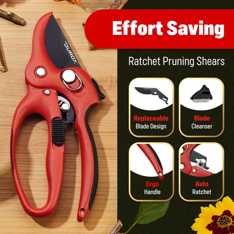 DUROX - Ratchet Pruning Shears, Garden Shears with 3X Cutting