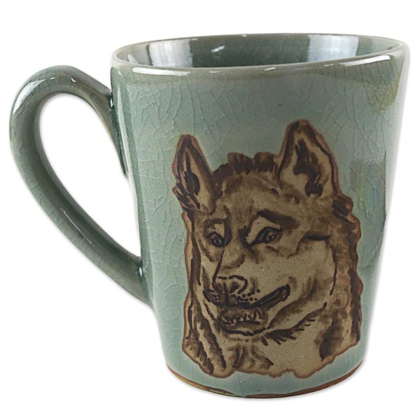 NOVICA Artisan Handmade Celadon Ceramic Mug Green Painted Thai Wolf