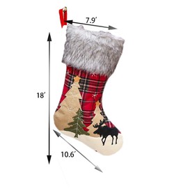 Christmas Stockings 4 Pcs 18 Inches Plaid Plush Flake Fur Stockings Burlap Rustic Christmas Stocking Ornament for Family Holiday Xmas Party Decorations (Plaid Elk and Reindeer)