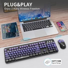 Wireless Keyboard and Mouse Combo, 2.4 GHz Full-Sized Typewriter Keyboard and Mouse Wireless with Round Keycaps for Windows, Computer, Desktop, PC, Laptop (Black Purple)