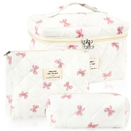 URSKYTOUS 3Pc Cotton Quilted Makeup Bag for Women Extra Large Coquette Small Floral Travel Cosmetic Bag Set Aesthetic Cute Bow Makeup Pouch Portable Toiletry Bag Puffy Essential Storage Organizer Bag
