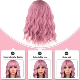 Bnzdwqㅤ Pink Hair Wig, Womens Wigs, Wig For Women, Cosplay Wig With Bangs, Pink Wigs For Women, Wig With Bangs, Wavy Wig, Pink Bob Wig For Girls Women Girls Daily Use