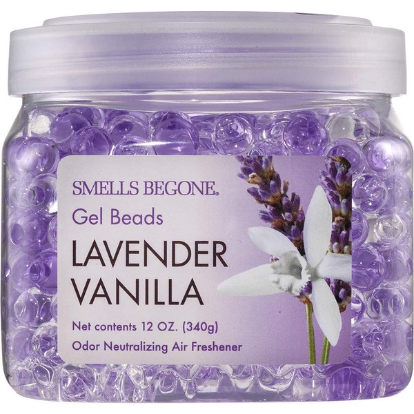 SMELLS BEGONE Odor Eliminator Gel Beads - Air Freshener - Eliminates Odor in Bathrooms, Cars, Boats, RVs and Pet Areas - Made with Natural Essential Oils - Lavender Vanilla Scent (12 OZ)