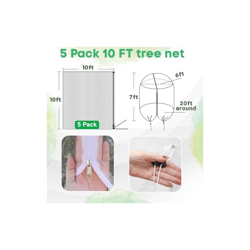 5 Pack 10x10ft Heavy Duty Fruit Tree Netting with Zipper