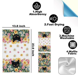 CFGBFDGH 2Pcs Cute Cat Spring Floral Kitchen Towels, Colorful Wildflower Waffle Hand Towels for Kitchen Home Farmhouse Decor, Absorbent Microfiber Dish Cloth Tea Towel, Cat Lover Gifts for Women Mom