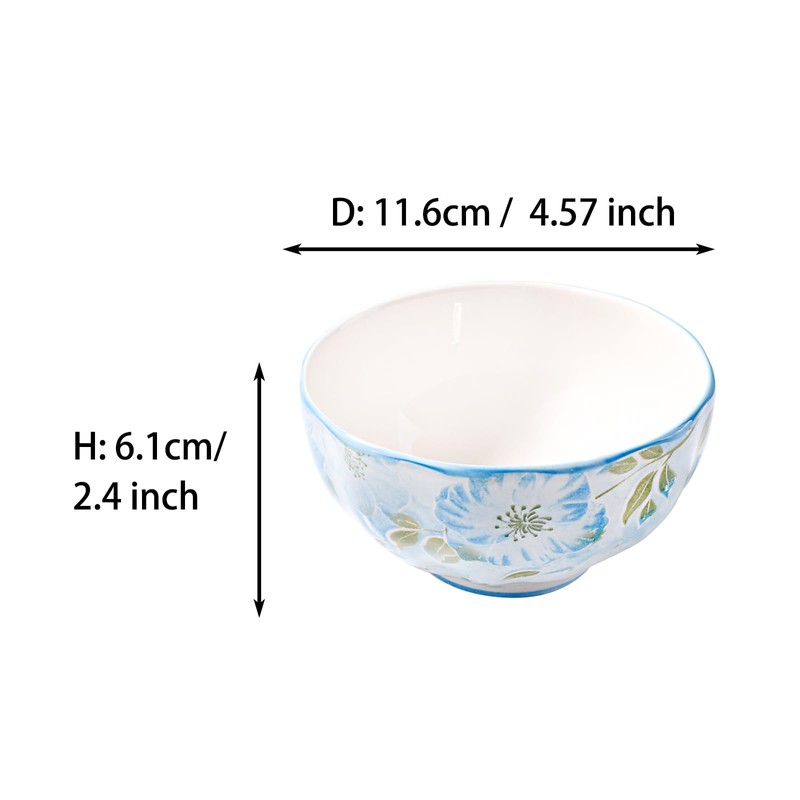 Ceramic Rice Bowl with Chopsticks Set of 4, 4.5'' Cereal