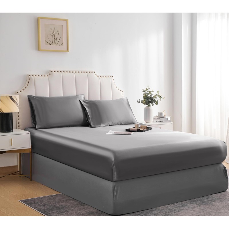 DuShow Satin Fitted Sheet King Dark Grey,Silky Deep Pocket Satin