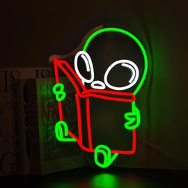 Gdbkabf Alien Reading Book Neon Sign, Neon Signs for Wall Decor Neon LED Signs Room Neon Light Up Signs Home Decor