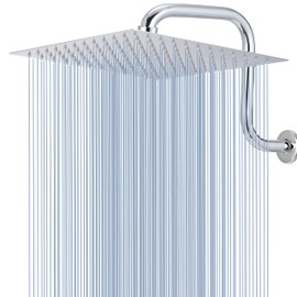 Voolan Rain Shower Head with Goose Neck Curve Arm, All Metal Waterfall Rainfall Showerhead, High Flow Bathroom Square Large Shower Head (12’’ Shower Head with 13’’ Shower Arm, Chrome)