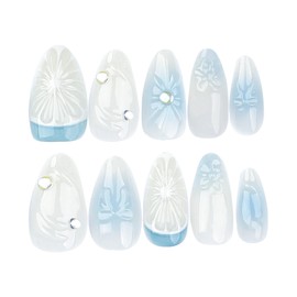 3D Summer Blue Press On Nails, Medium Almond Shape, 24pcs Fake Nails with Glue, Lemon Flower Bow Design, Pearl Gel Details, Reusable Acrylic Nails for Women