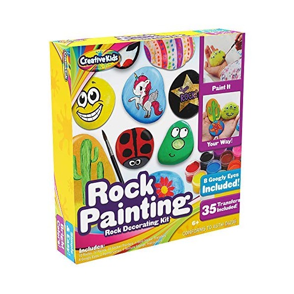 Rock Painting Outdoor Activity Kit for Kids – DIY Art Set w/ 10 Hide and Seek Stones, 12 Acrylic Paint Tubes & 2 Brushes – Fun Googly Eyes, Easy Transfer Design for Boys & Girls