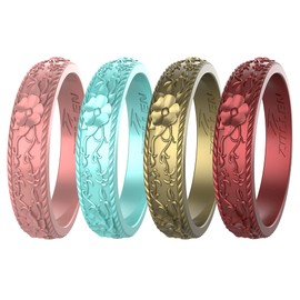 Zollen Silicone Wedding Rings for Women 4 Packs -Stackable Silicone Rubber Wedding Bands - Innovative Flower & Vine Collection, size 7