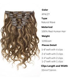 Loxxy Clip in Human Hair Extensions Natural Wave 16inch #P4/27 Dark Brown Mixed with Caramel Blonde Real Human Hair Extensions for Women Double Weft 120g/set 7Pcs/lot And 17 Clips Per Pack