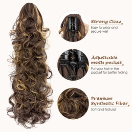 MY-LADY Ponytail Extension, 24" Claw Clip Ponytail Hair Extension for Women Wavy Curly Hairpiece Synthetic Fake Hair Pieces Dark Brown with Dark Blonde