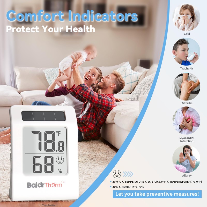BaldrTherm 2.2'' Digital Thermometer and Hygrometer Meter, Solar-Powered Indoor Temperature