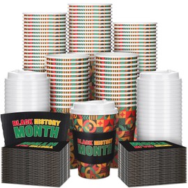 Jingmore 100 Sets Black History Month Disposable Coffee Cups with Lids and Sleeves Paper 12oz Coffee Travel Drinking Cups for Black History Month Party Supplies Family Tableware African Freedom Day