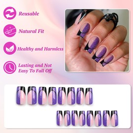 24Pcs French False Nails, Square Press on Nails Medium Length Black Purple Tip Fake Nails with Glue Stickers, Acrylic Full Cover Removable Glue on Nails Elegant Stick on Nails for Women Girls