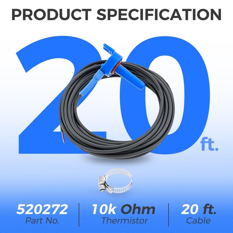 ETERMETA 520272 Replacement Temperature Sensor 20ft Cable, Air/Water/Solar Temperature Sensor,