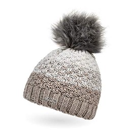 Neverless® Women's Knitted Hat Lined Fleece Lining Fur Pom Faux Fur Winter Hat Bobble Hat Chunky Knit Multicoloured, 12148 Dark Beige-Light Beige