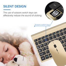 Wireless Keyboard and Mouse Ultra Slim Combo, TopMate 2.4G Silent Compact USB 2400DPI Mouse and Scissor Switch Keyboard Set with Cover, 2 AA and 2 AAA Batteries, for PC/Laptop/Windows/Mac - Gold Black
