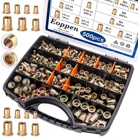 Eoppen 500Pcs SAE & Metric Rivet Nuts Assortment Kit 6-32, 8-32, 10-24, 1/4-20, 5/16-18, 3/8-16, 1/2-13 M3 M4 M5 M6 M8 M10 M12 Zinc Plated Carbon Steel Flat Head Nutsert