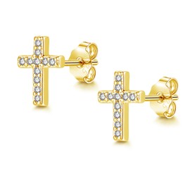 Cangall Gold Stud Earrings for Women, 925 Sterling Silver Cross Stud Earrings with Zircon, Dainty CZ Sleeper Cartilage Cross Studs Earrings Gold, Trendy Earrings Charms Jewelry Gifts for Girls Teen
