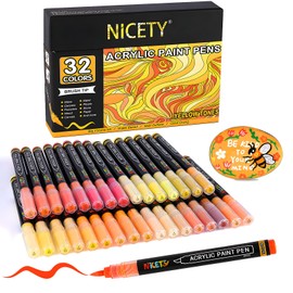 NICETY 32 Colors Acrylic Paint Markers, Paint Pens Brush Tip Water-Based Acrylic Markers for Rock Painting Stone Wood Ceramic (Yellow)