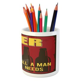 Lunarable Manly Pencil Pen Holder, Beer Mugnd 2 Bottles with Beerll Man Needs Olddvertising Style, Printed Ceramic Pencil Pen Holder for Desk Office Accessory, Ruby Yellow Brown