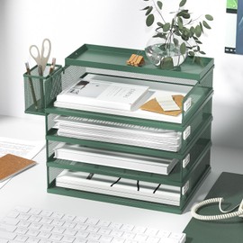 FANXIYQ Metal Stackable Letter Trays, 4-Tier Desk Organizer & Paper Trays for Office, Stackable File & Document Tray with Magnetic Labels,Green
