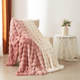 YASMENG Gradient Rose Pink Faux Rabbit Fur Bubble Throw Blanket Heavy Warm Thick Furry Fuzzy Bed Blanket Fluffy Long Shaggy Plush Blanket for Couch Bed Sofa Chair Living Room, 90 x 90 Inches
