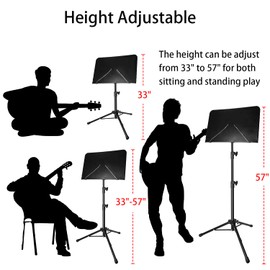 Sheet Music Stand with Light and Phone Holder, 57" Portable Music Stand for Sheet Music High Stability, Height Adjustable Music Stands with Carrying Bag(33-57inch, Plate without hole)