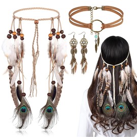 3-Piece Indian Head Jewellery Set, Indian Hippie Boho Feather Headband, Boho Dream Catcher Earrings, Leather Choker Necklace Set, Indian Jewellery for Hippie Costume, Vintage Carnival Jewellery