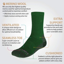 Rymora Walking Socks Hiking Socks Men Women (Merino Wool, Moisture Wicking, Seamless Toe) (One Pair - Green) [M] (Medium: UK 7-10 / EU 40-44)