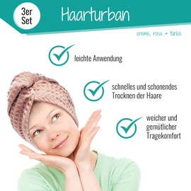 Lead Care Hair Turban, Hair Drying Towel, Set of 3, Quick Drying Microfibre Drying Towel with Button (Set of 3, Turquoise, Cream & Pink)