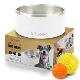 Stainless Steel Dog Food Bowl with 2 Rubber Balls - Non-Slip Insulated Dog Bowl with 7 Color Options - 64 Oz Durable Dog Water Bowl for Medium, Large and Extra Large Dogs (White)