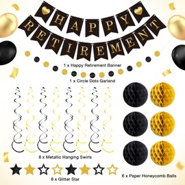 Epakh 24 Pcs Retirement Party Decorations Black Gold Happy Retirement Banner Glitter Stars Hanging Swirl Streamers Honeycomb Balls Circle Dots Garland for Farewell Going Away Job Change Party