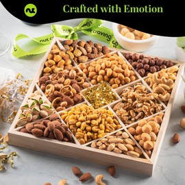 NUT CRAVINGS - Valentines Day Mixed Nuts Gift Basket in Reusable Diamond Wooden Tray + Green Ribbon (12 Assortments) Treats for Adults, Food Arrangement Healthy Snack Care Package, Kosher