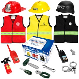Cocojeci Boys Dress up Trunk Costumes Set,15pcs Pretend Role Play Set Fireman, Police, Construction Worker Costume with Accessories for Kids Ages 3-7
