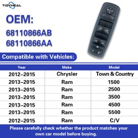 Tidy Heal Master Power Window Switch Driver Side for 2012-2015 Chrysler Town & Country | for 2013-2015 Ram 1500 2500 3500 4500 5500 | for 2012-2015 Ram C/V Replaces 68110866AB,68110866AA