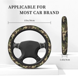 Green Camo Steering Wheel Cover Anti-Slip and Practical 14.5-15 Inch Universal Car Steering Wheel Cover with 2 Pieces Car Coasters Suitable for Men Women